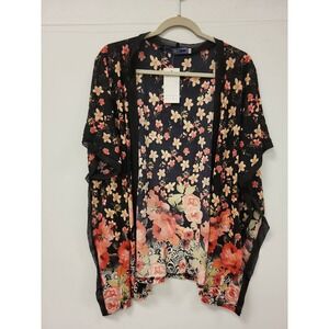 Highness Kimono 1X Floral Print Open Front Sheer Black Red Casual Top Blouse